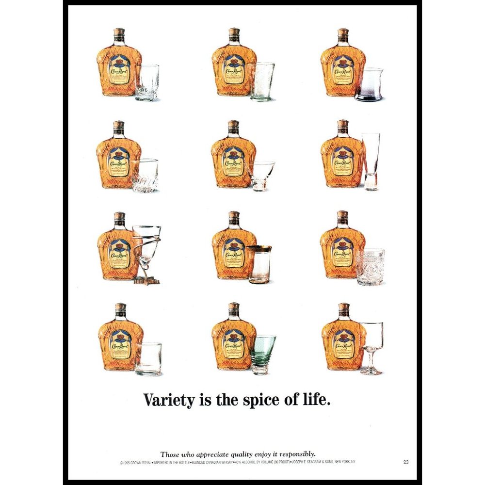1997 Crown Royal Canadian Whisky Vintage Print Ad Variety Spice of Life Glasses